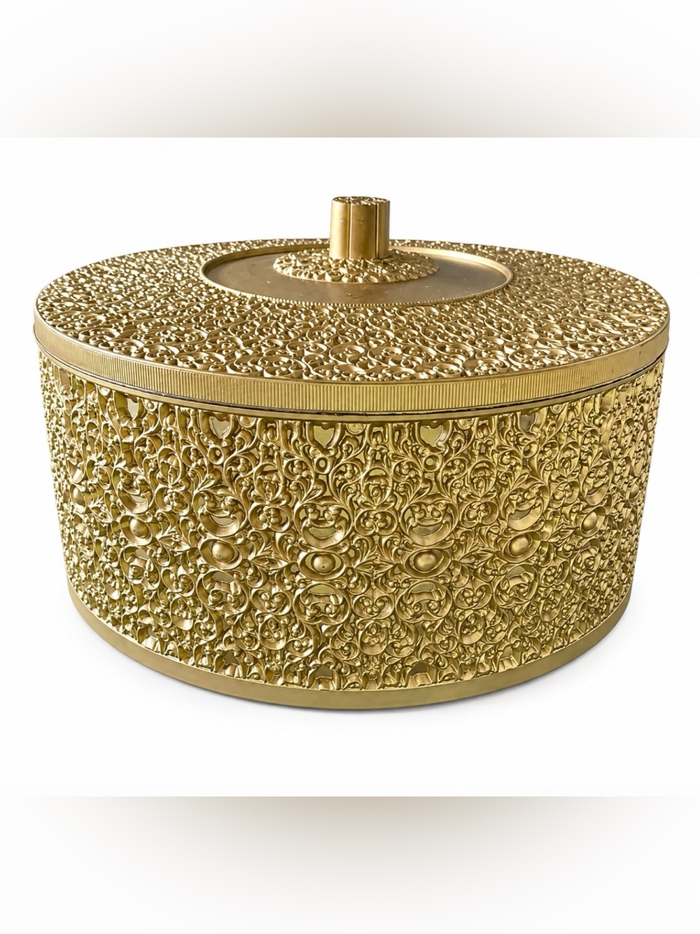 Ornate Gold Hollywood Regency Round Lidded Storage Sewing Box Vintage MCM